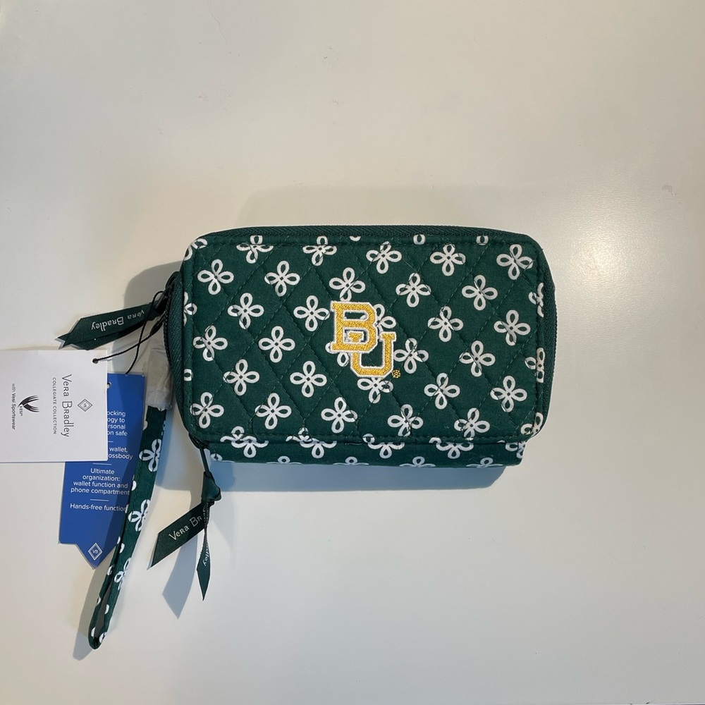 Vera Bradley Collegiate RFID All in One Crossbody Bag Baylor Green and White NWT